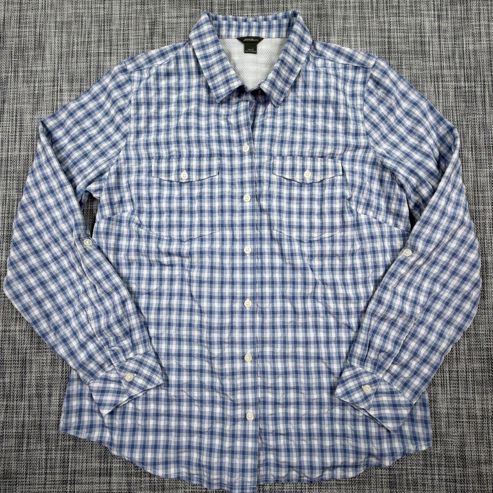 Eddie Bauer Women Blue Gingham Plaid Button Up Shirt Roll Tab Sleeve Large